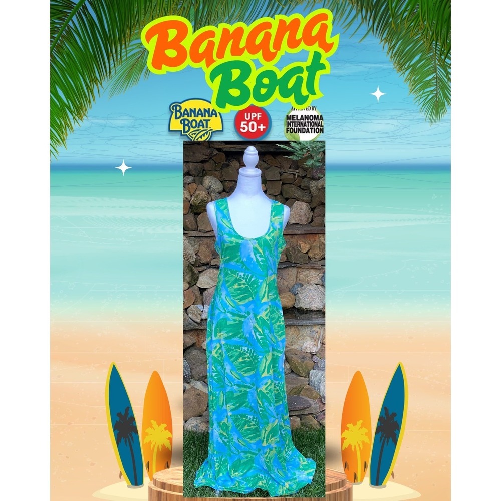 Banana Boat Sundress Womens Medium NWT UPF 50+ Blue Green Tropical Maxi BB869